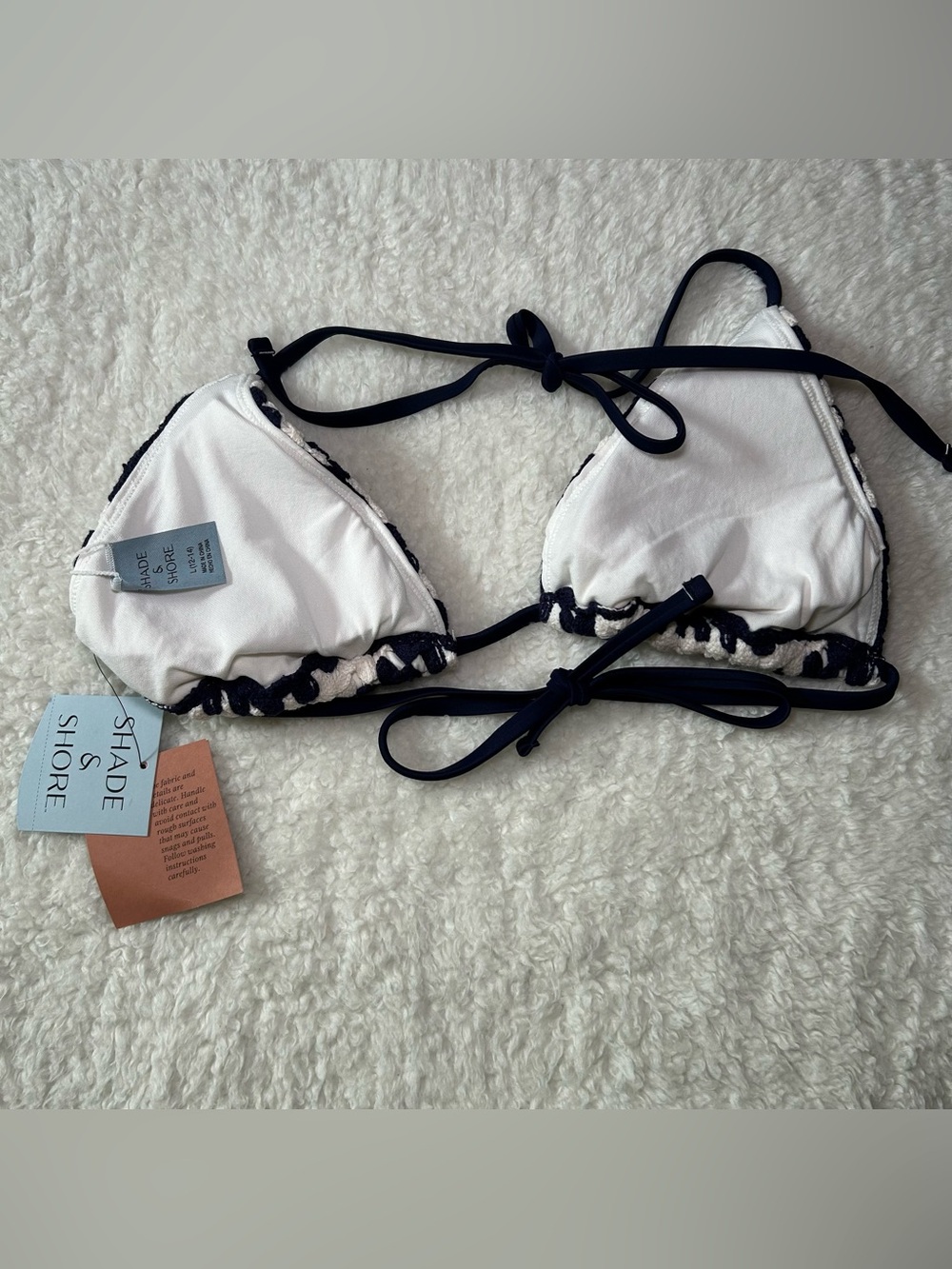 Shade & Shore Women’s Triangle Crochet Bikini Top Large Navy White NEW - Picture 4 of 5